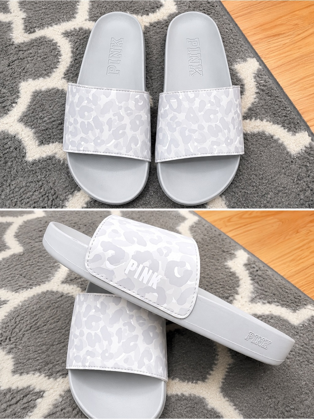 PINK Victoria's Secret Light Gray White Leopard Slide Sandals